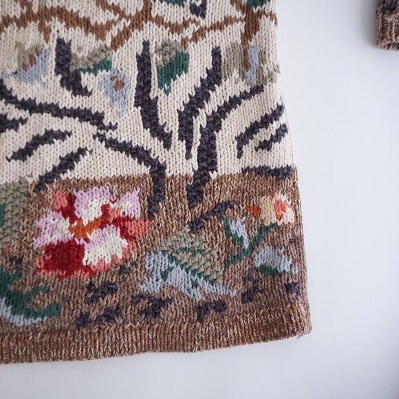 Vintage Tiara Cream Brown Knit Floral Knit Cotton Blend Crewneck Sweater XL - Picture 7 of 13